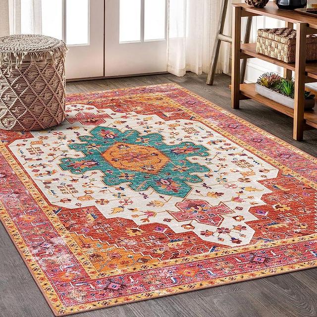 Moynesa Ultra-Thin Washable Vintage Area Rug - 5x7 Large Bedroom Rug Persian Non-Slip Non-Shedding Living Room Mat Oriental Medallion Floor Carpet for Kids Nursery Room Office, Pink/Teal/Multi