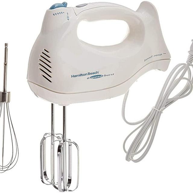 Hamilton Beach Power Deluxe 6-Speed Electric Hand Mixer with Snap-On Storage Case, QuickBurst, Beaters, Whisk, Bowl Rest, White (62695V)