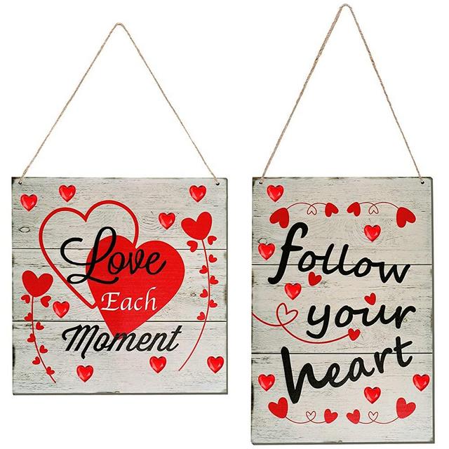 Jetec 2 Pieces Wood Hanging Sign Follow Your Heart Love Each Moment Wall Hanging Wooden Decoration Sign for Valentine's Day, Wedding, Party, Anniversary, Home Decoration