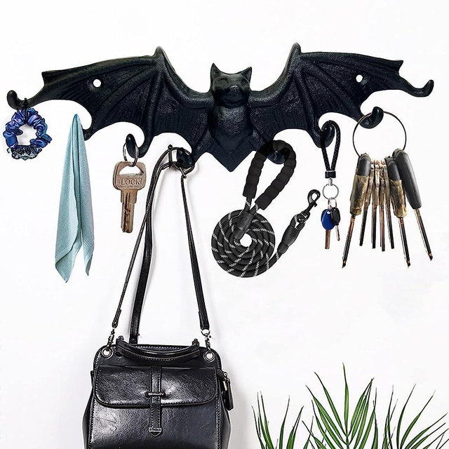 Hallocool Bat Key Holder with 8 Hooks Wall Mounted Key Hooks Hanging Keys Gothic Decor Cast Iron Bat Wall Hooks Vampire Bat Key Hanger Key Hooks for Coat Dog Leash Towel