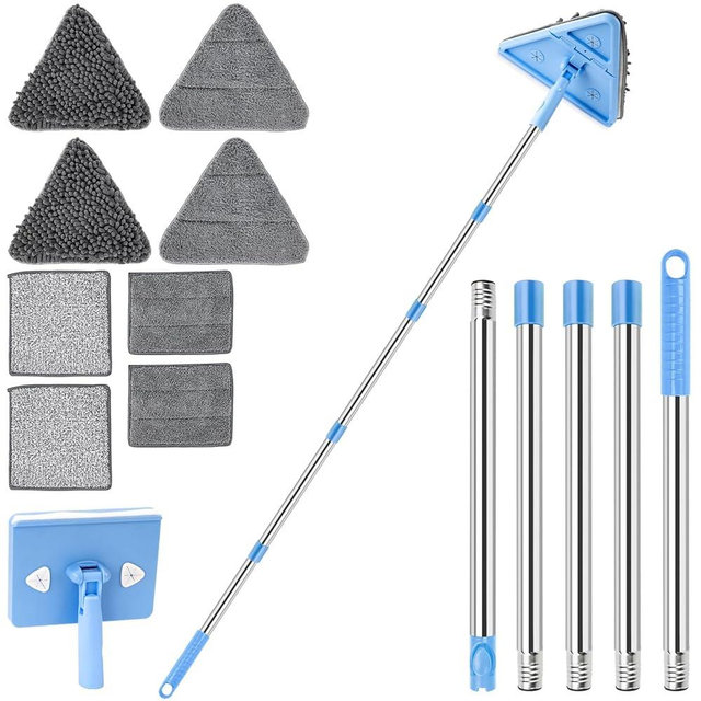CALBEAU Wall Cleaner Mop with Long Handle 86 Inches, 4-in-1 Ceiling Cleaning Tool Duster with 8 Replacement Microfiber Chenille Pads for Walls, Baseboard, Ceiling, Window, Floor, Cabinet (Light Blue)