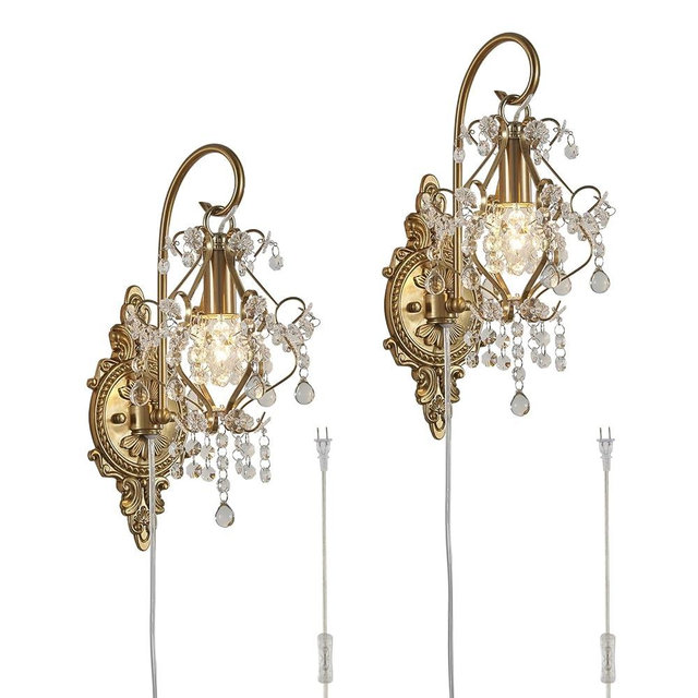Fetason Gold Crystal Vintage Plug in Wall Sconces Set of 2 Indoor Wall Light Fixture, Modern Wall Mount Lamp Light for Bedroom Living Room Bathroom Vanity Light Hallway Light Fixture LED E12