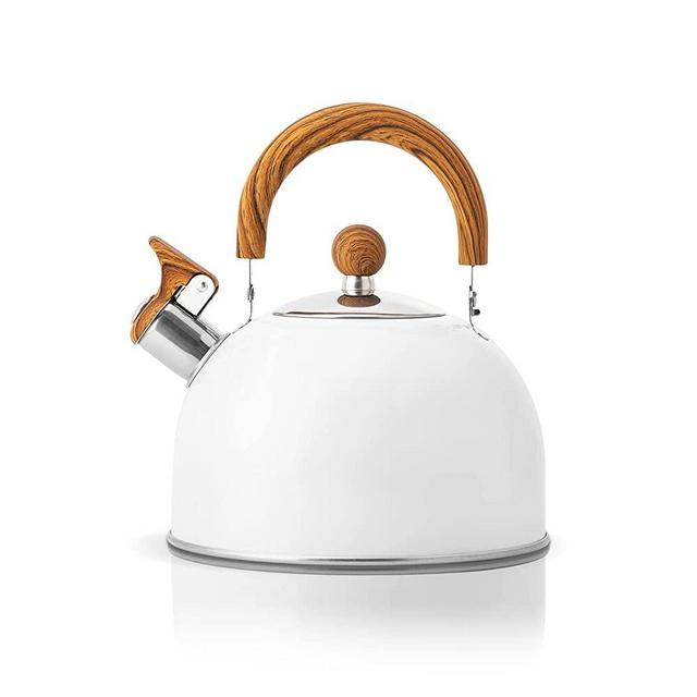 2.6qt Tea Kettle for Stovetop Tea Pot Whistling with Wooden Handle Loud Whistle, Stainless Steel Large Water Cookware Teapot for Electric Cooktop White