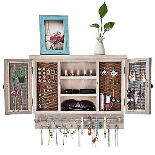 X-cosrack Rustic Hanging Jewelry Organizer,Wall Mounted Mesh Jewelry Holder,for Necklaces,Earings, Bracelets,Ring Holder,with Removable Bracelet Rod,Hooks,Wooden Barndoor Decor