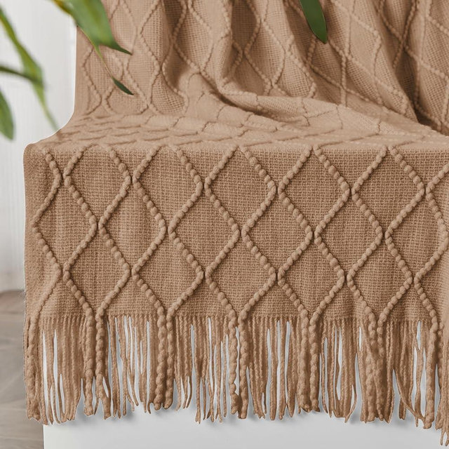 inhand Knitted Throw Blankets for Couch and Bed, Soft Cozy Knit Blanket with Tassel, Khaki Lightweight Decorative Blankets and Throws, Farmhouse Warm Woven Blanket for Men and Women, 50"x60"