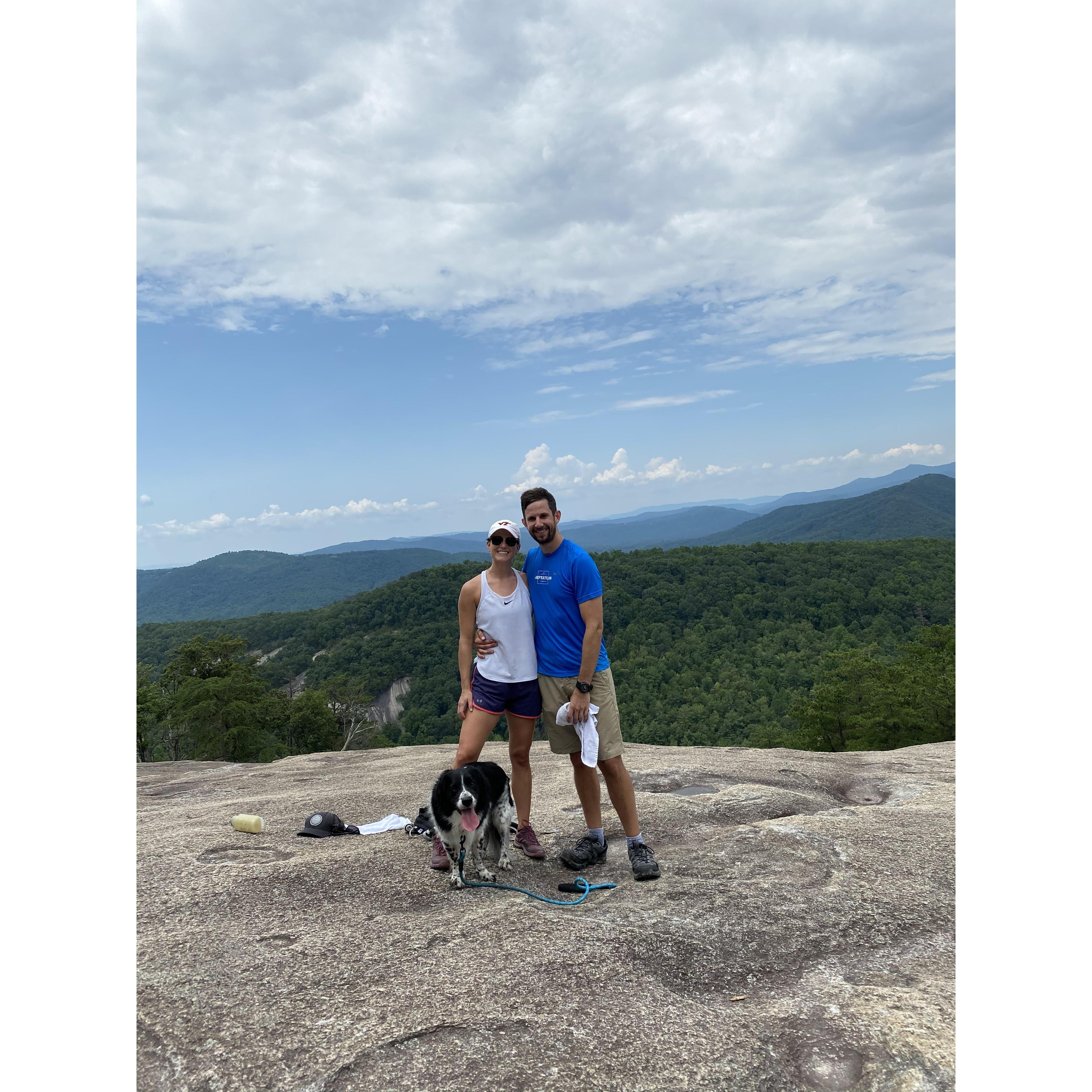 Engaged! We went hiking at Stone Mountain, NC and Tim proposed at the summit of the hike with these incredible views! We enjoyed the afternoon at a vineyard and have since run it back with Maverick :)