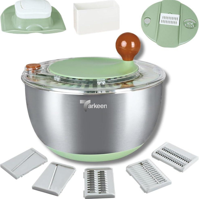 Tarkeen Stainless Steel Salad Spinner Large, BPA-Free Lettuce Spinner, 3-in-1 Salad Bowl & Fruit Cleaner with Non-Slip Base, Dishwasher Safe, 5 Blade Slicer & Egg Yolk Separator, 5.3Qt