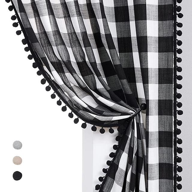 Treatmentex Pompom Checked Curtains 63" White Black Buffalo Check Curtains for Living ROM Rustic Farmhouse Semi Sheer Gingham Plaid Window Curtain Drapes for Bedroom Kids Room Rod Pocket 2Panels