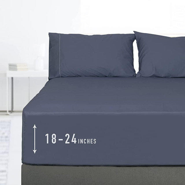 Sunflower 4 Piece Queen Sheets Deep Pocket, 100% Cotton Sheet Set, 22" Extra Deep Pocket Queen Bed Sheets, Soft&Breathable Silver Trim, Blue Indigo
