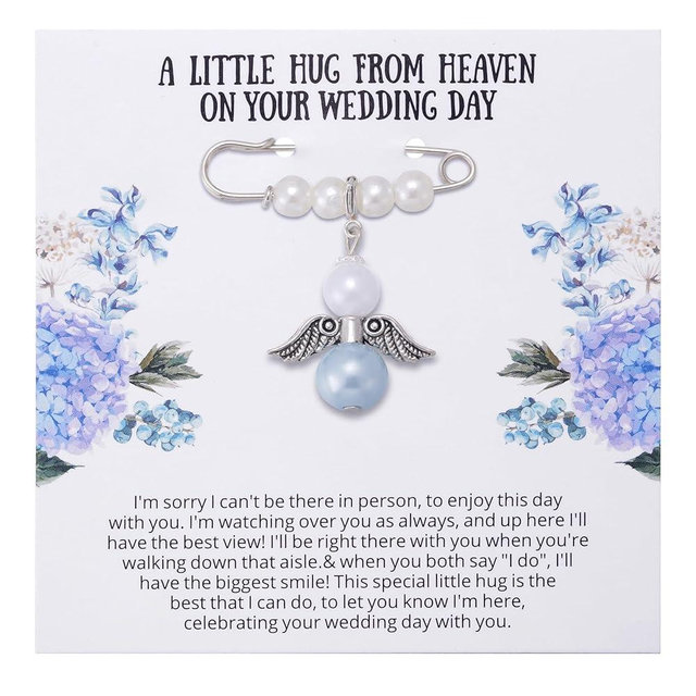 Ralukiia Something Blue Angel Memory Bouquet Charm, Wedding Day Hug from Heaven, Guardian Angel Charm, Memorial Gift for Bride, Wedding Gift from Deceased Mom or Dad, Remembrance Gifts