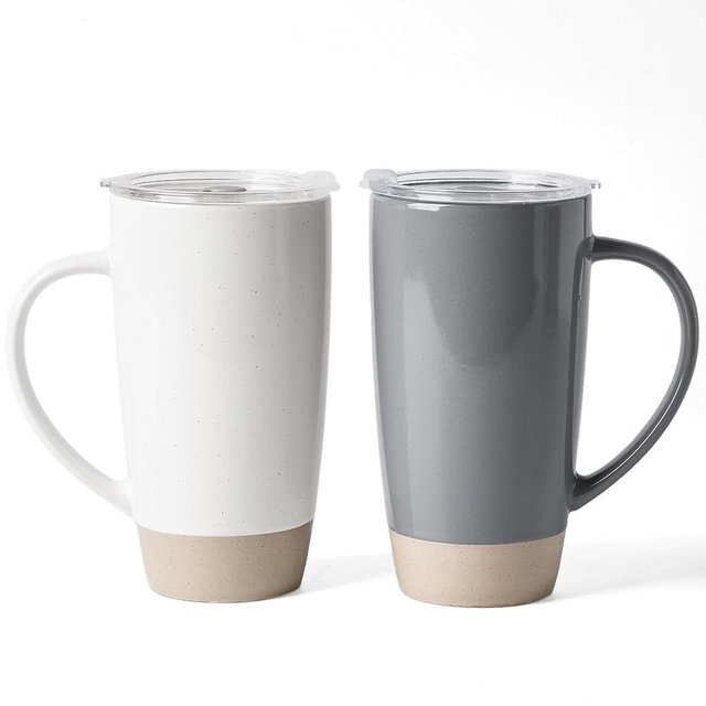 famiware Milkyway Coffee Mugs, 20oz Large Coffee Mug, Ceramic Mug Set of 2 with Lid, Cup Set with Handle for Latte, Tea, Cocoa, Milk, Home & Office, White and Dark Gray