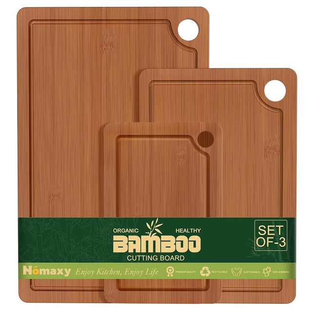 Homaxy Bamboo Cutting Board for Kitchen Set of 3, Wooden Cutting Boards with Non-Slip Mat Deep Juice Groove and Built-In Handles, Wood Chopping Board Set for Meat Fruits & Vegetables