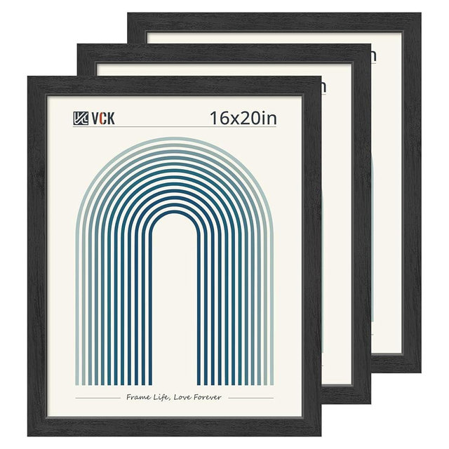 VCK 16x20 Picture Frames for Wall 3 Pack, Black Wood Poster Frame with Exclusive Wood Grain, Studio & Home & Gallery Frame, Wall Hanging