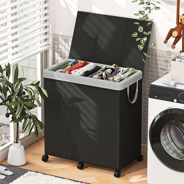 YKDIRECT 180L Large Laundry Hamper 2 Compartment with Laundry Washing Bag, Laundry Basket with Lid, Metal Frame and Removable Bag Design with Wheels, Suitable for Bathroom, Dorm Room, Laundry Room