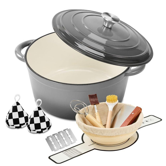 Blingco Enameled Cast Iron Dutch Oven with Lid -6.5 QT, incl. Sourdough Bread-Baking Supplies like Banneton Proofing Basket, Heavy Duty Cookware Bread-Oven for Baking, Stews, and Roasting, Gray