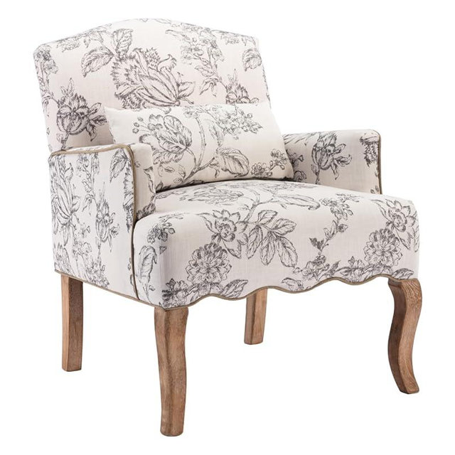 Shunzhi Floral Accent Chairs Farmhouse Upholstered Armchair Linen Reading Chair Mid Century Modern Single Sofa Chair with Pillow for Bedroom/Living Room/Fireplace, Beige, 1PC