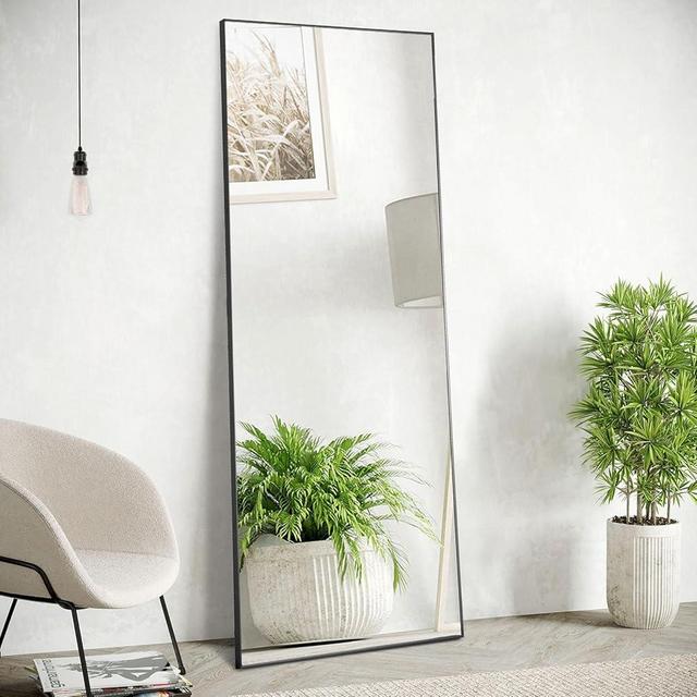 Sweetcrispy Full Length Mirror with stand, 59"x16" Floor Mirror with Aluminum Alloy Frame for Bedroom, Standing Full Body Mirror with Shatter-proorf Nano Glass for wall, Living Room, Cloakroom (Black)