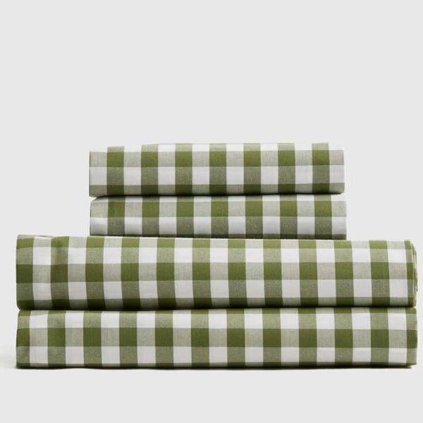 Queen, Olive Classic Organic Percale Gingham Fitted Sheet Set