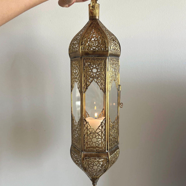 Large HANGING Moroccan Lantern/Candle Holder with CLEAR glass and brass/antique gold, elongated/long artisanal shape