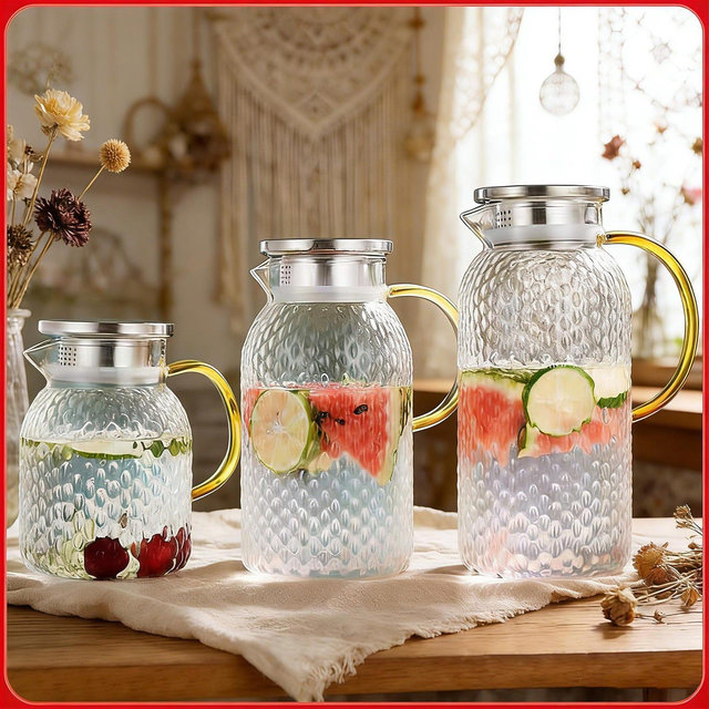 Textured Glass Pitcher, Cold Beverage Jug, Juice & Tea Server, Drink Dispenser for Home, Kitchen, Parties, Iced Water, Refreshing Drinks