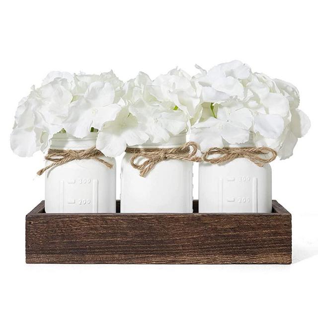 Mkono Mason Jar Centerpiece Decorative Wood Tray with 3 Painted Jars Artificial Flowers Rustic Country Farmhouse Home Decor for Herb Plants Coffee Table Dining Room Living Room Kitchen,White