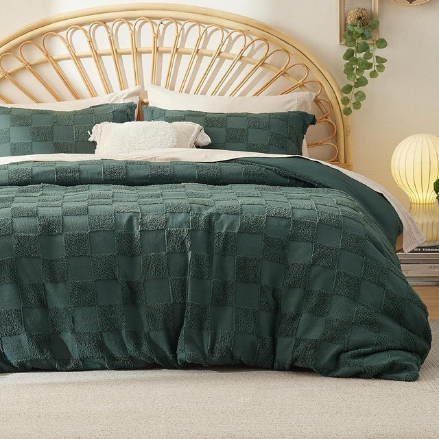 Bedsure Boho Duvet Cover - Boho Bedding Duvet Cover Set for All Seasons, Shabby Chic Jacquard Duvet Cover (Forest Green,Checkered,King Size,104"x90")