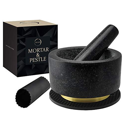 Mortar and Pestle Set 100% Natural Heavy Granite 5.5 inch 2 Cups Capacity - Solid Stone Grinder Pestle and Mortar Bowl - with Silicone Garlic Peeler and Mat - Guacamole Mortar & Pestles Set Large