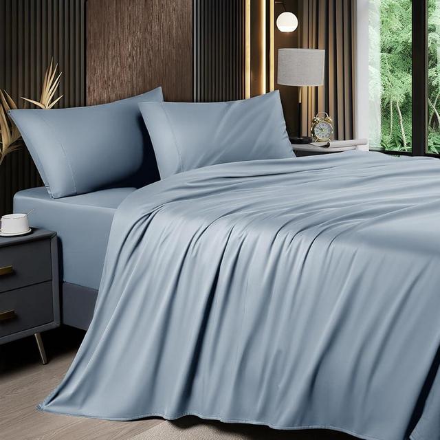 Shilucheng 4 Piece Queen Sheet Sets, Cooling Sheets, Blend Rayon Derived from Bamboo, Deep Pocket Up to 16", Breathable & Soft Bed Sheets, Hotel Silky Bedding Set, French Blue