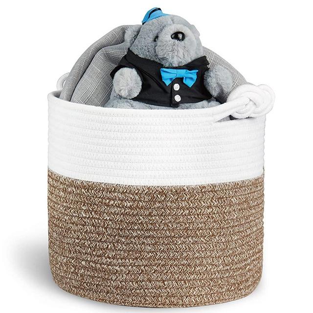 Polarduck Cotton Rope Basket 13” x 12” x 11”, Baby Laundry Basket, Laundry Hamper, Woven Blanket Basket, Nursery Bin Organizer, Toys Storage Basket with Lucky Knots Handle, (Natural White & Jute)