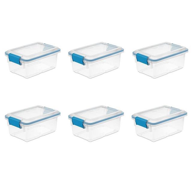 Sterilite 7.5 Qt Gasket Box, Stackable Storage Bin with Latching Lid and Tight Seal, Plastic Container to Organize Basement, Clear Base, Lid, 6-Pack