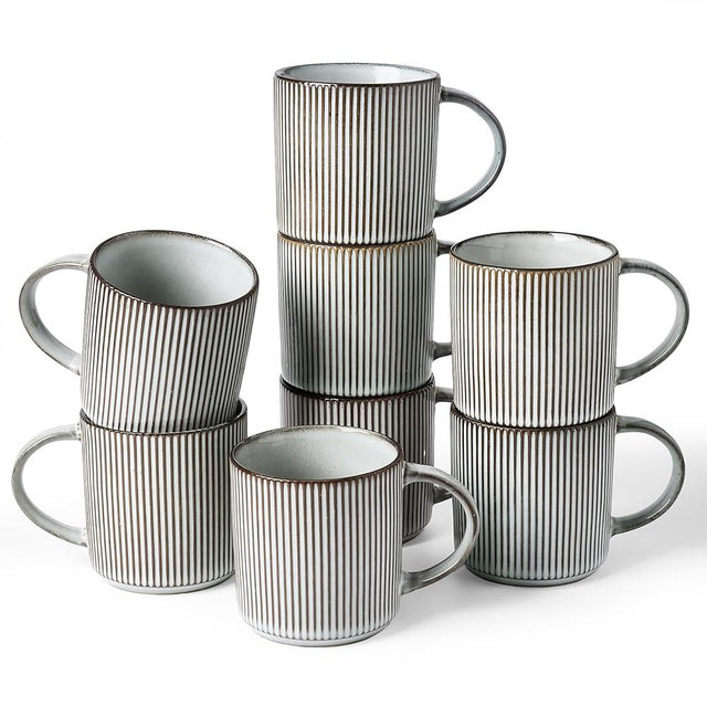 famiware Coffee Mug Set for 8, Star 12 oz Catering Mugs Cup Set with Handle for Coffee, Tea, Cocoa, Milk - Ceramic Stoneware Drinkware Set, Smoky Blue