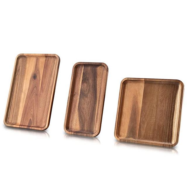 Wooden Serving Tray Set of 3 Platter Coffee Table Tray Rectangular Acacia Wood Plate for Party Decor Vegetables, Fruit Trays for Serving Charcuterie Platter