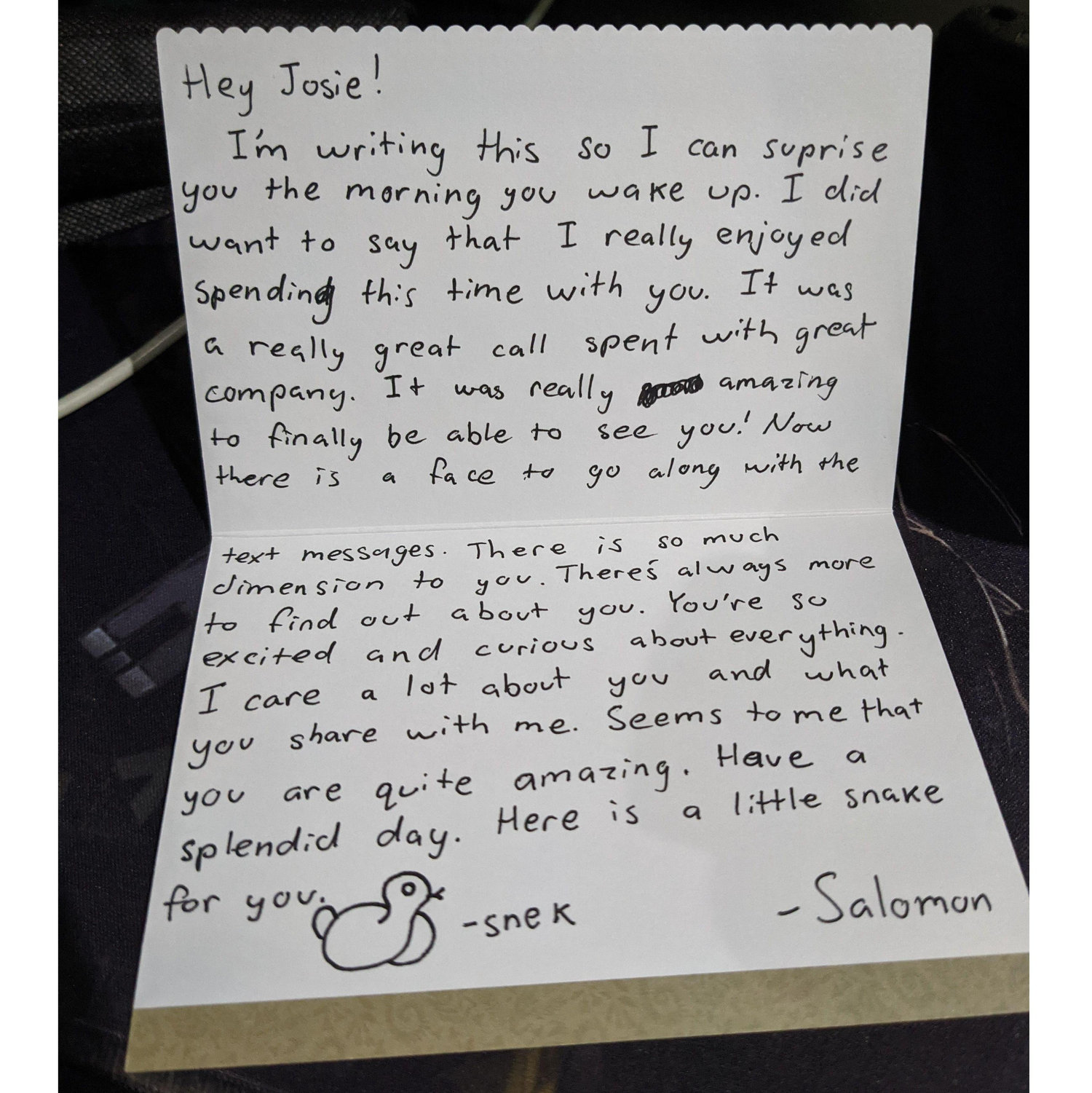 Salomon's first letter after video calling for the first time. July 2021