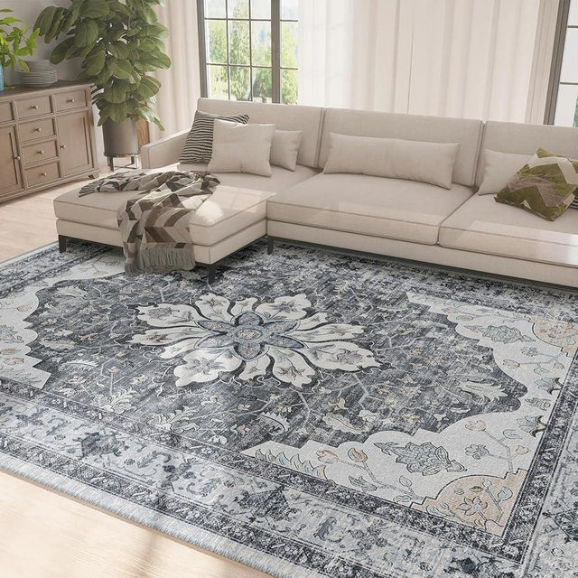 RELEANY Area Rugs 8'x10' Washable Non-Slip, Floral Vintage Distress Print Pattern Medallion Carpet for Living Room Bedroom Dining Room, Light Gray Grey White