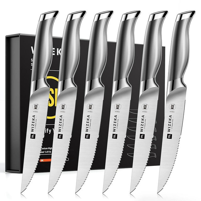 WIZEKA Steak Knives Set of 6, German Stainless Steel 5 Inches Serrated Straight Edge Steak Knife Set, One Piece Design Knife Set of Steak with Box, Silver Wings Series