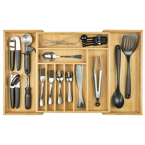 KitchenEdge Premium Silverware, Flatware and Utensil Organizer for Kitchen Drawers, Expandable to 28 Inches Wide, 10 Compartments, 100% Bamboo