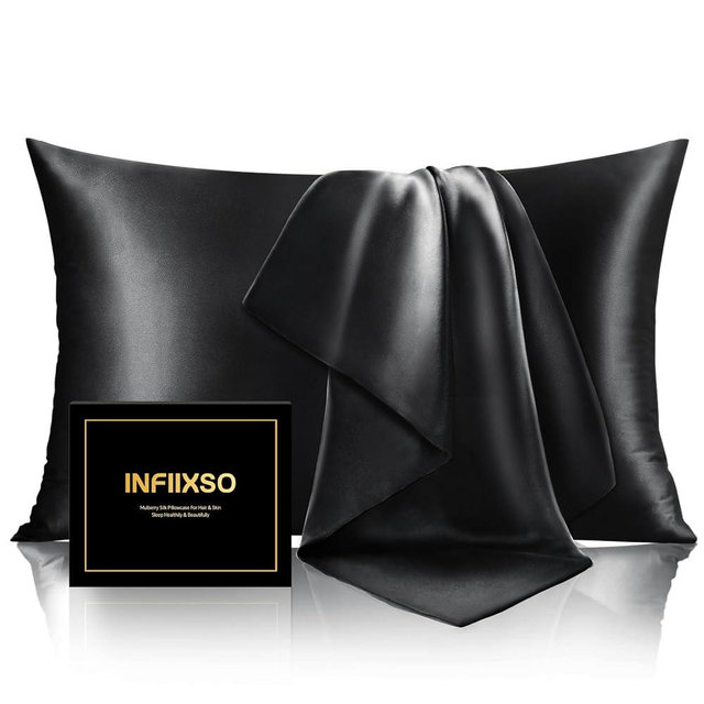 INFIIXSO Mulberry Silk Pillowcase for Hair and Skin, Silk Pillow Cases Standard Size Set of 2 with Hidden Zipper 20x26 Inches, Ultra Smooth and Soft Cooling Pillow Cases for Hot Sleepers(Black,2 Pack)