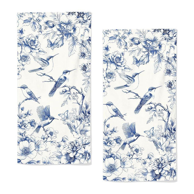 qiuhuang Blue Floral Hand Towels for Bathroom Humingbird Kitchen Towels Watercolor Flower Bathroom Hand Towels Set of 2 Lightweight Breathable Summer Hand Towels for Gym Hotel Sport 28.7x13.7 Inch
