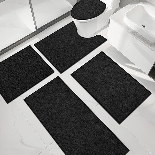 chakme Bathroom Rug Sets 5 Piece, Ultra Thin Bath Mat Quick Dry Bath Mat, Absorbent Bath Mat for Bathroom Non Slip Machine Washable, (Black)
