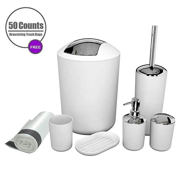 MIKOSI 6 Piece Bathroom Accessories Sets,Bathroom Set 6 Pieces Plastic Lotion Dispenser,Toothbrush Holder,Bathroom Tumblers,Soap Dish,Trash Can,Toilet Brush Set with Drawstring Trash Bags (White)