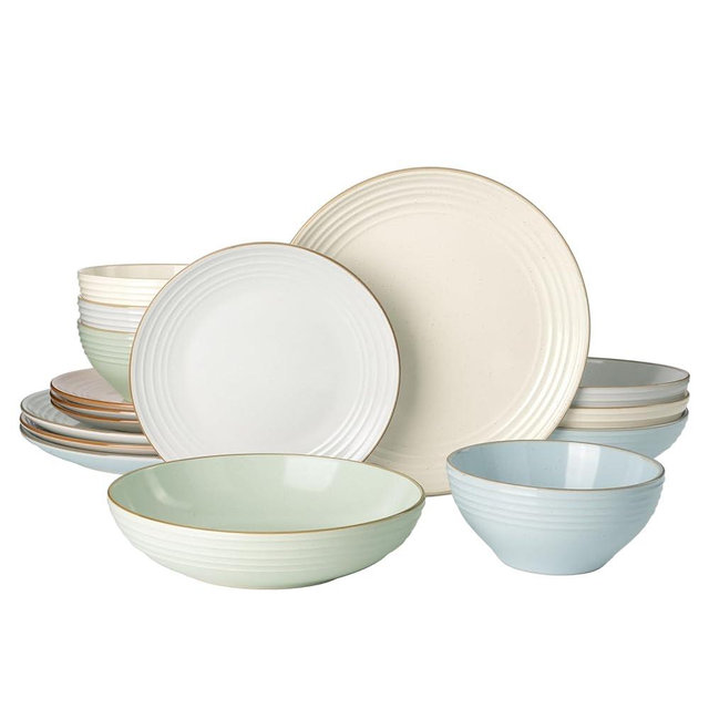 Famiware Jupiter Stoneware Dinnerware Sets for 4 (16-Piece), Handcrafted Dishes with Embossed Swirl & Speckles, Multi-Color - Includes Chip Resistant Pasta Bowl & Dinner Plate for Daily & Formal Use