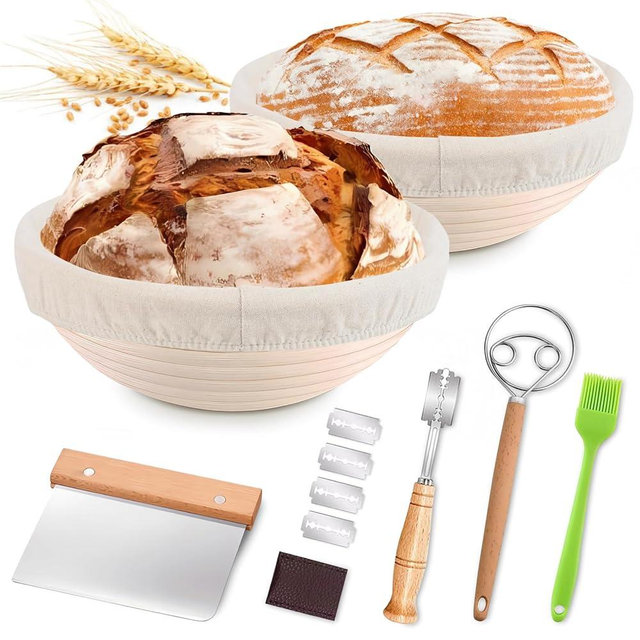 ROLOXYE Banneton Bread Proofing Basket Set - 9 Inch Round Sourdough Baking Kit with 2 Baskets, 2 Liners, Danish Whisk, Dough Scraper, Bread Lame (5 Blades + Guard), Basting Brush - Artisan Bread Tools