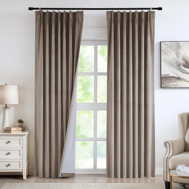 Vision Home Mocha Tan Velvet Pinch Pleated Blackout Curtains 95% Room Darkening Pinch Pleat Velvet Drapes 84 inch for Living Room Bedroom Thermal Insulated Window Panels with Hooks 40" Wx84 Lx2,Brown