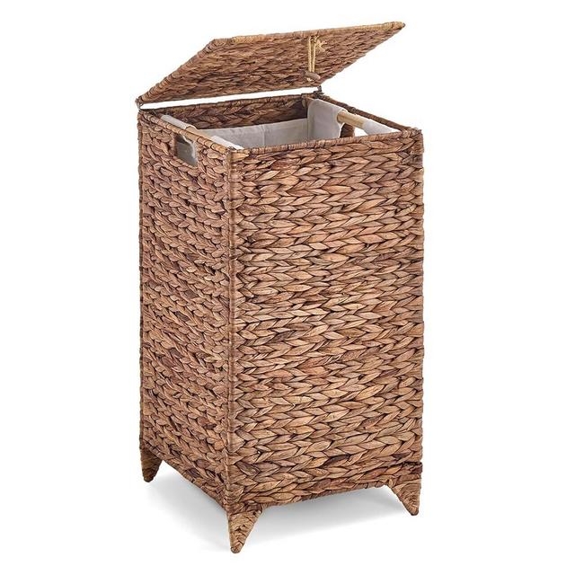LGENHOOM Handwoven Laundry Hamper with Lid, Natural Water Hyacinth Heightened Feet Laundry Basket, Wicker Clothes Hamper with Removable Liner Bag
