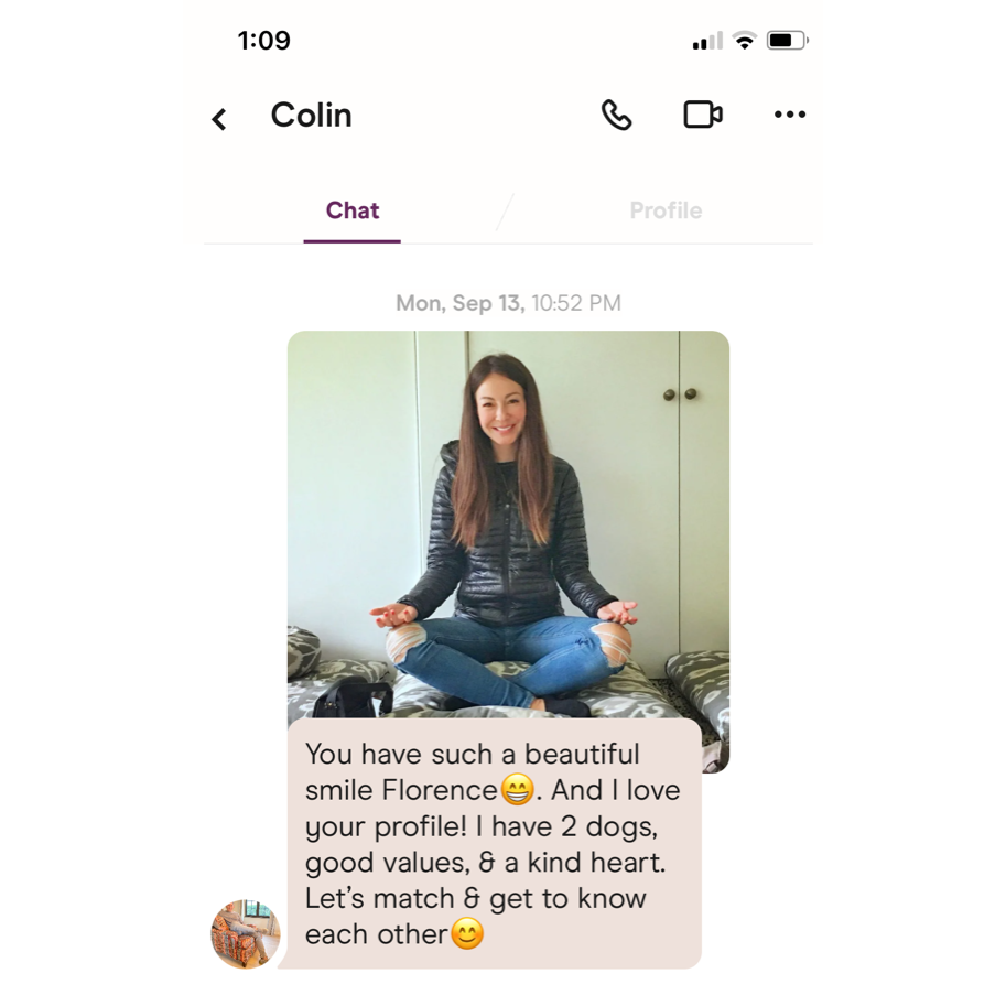 Where it all started... on the dating app, Hinge! See Colin's first message to Florence.