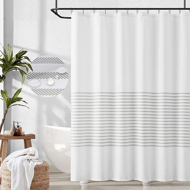 jinchan White Shower Curtain with Grey Stripes Fabric Shower Curtain for Bathroom Modern Shower Curtain Water Repellent in Bath 70x72 inches Long Shower Curtains Set with Curtain Hooks Spa Hotel