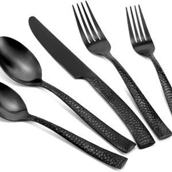 Silverware Set Flatware Set Matte Black Stainless Steel Forged Hammered Cutlery Set Heavy 40 Pieces Service for 8