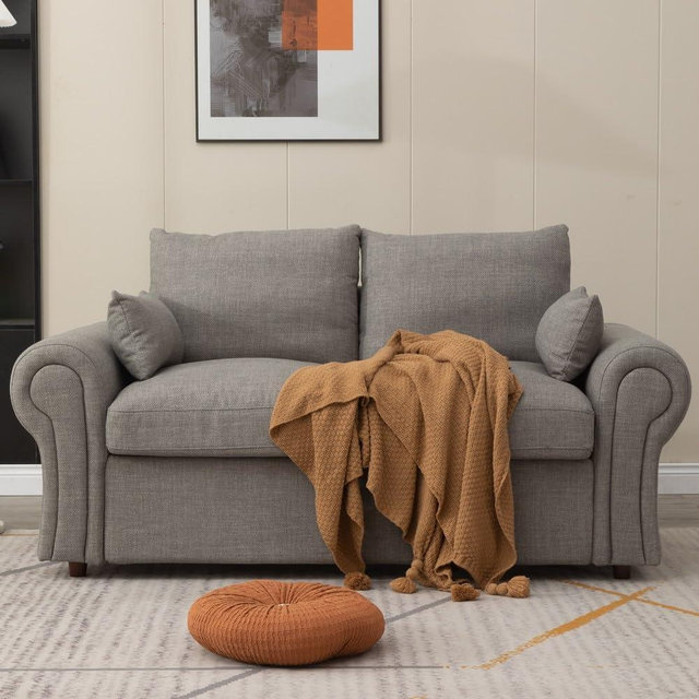 Panana Modern 2 Seater Loveseat Sofa Couch with Storage, Dark Grey or Light Color, Choice of Curved, Sock or Track Arm Design (Light Gray, 2 Seater - Scroll Arms)