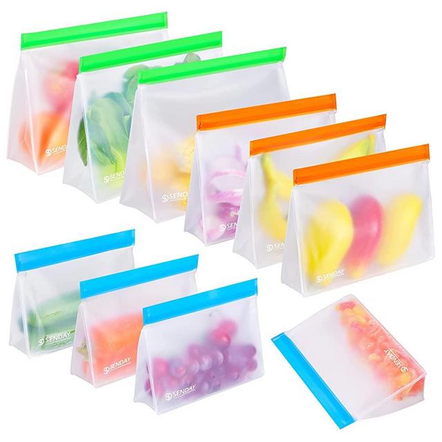 10 Pack Extra Large Reusable Storage Bags, Stand Up BPA FREE Leakproof Freezer Bags (3 Reusable Gallon Bags+3 Reusable Sandwich Bags+4 Thick Snack Bags) Resealable Lunch Bag for Meat Fruit Veggies
