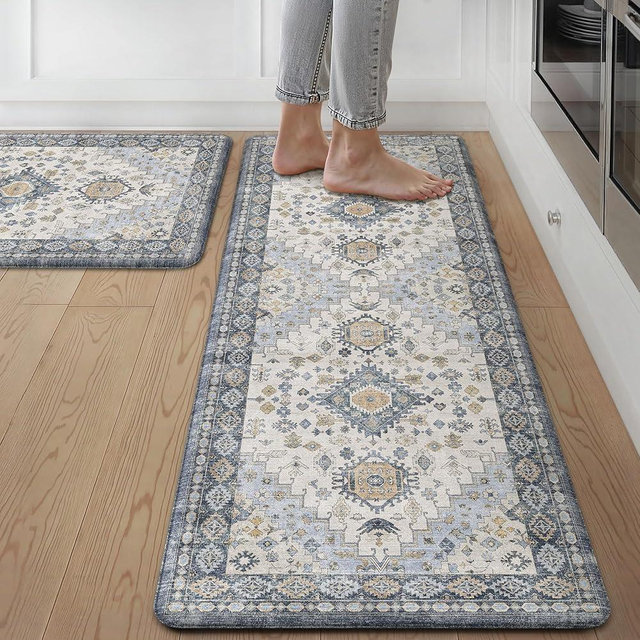 GENIMO Kitchen Mats for Floor, 2PCS Kitchen Rugs Non Slip Washable, Waterproof Anti Fatigue Mat, Comfort Standing Runner Rug for Sink, Office, Laundry, Home, 17.3"x47"+17.3"x30", Muted Blue
